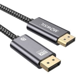 DisplayPort Male-to-Male 8K 60Hz 1.4 Braided Cable – 8K@60Hz, 4K@144Hz, 1080P@240Hz Resolutions, 24K Gold Plated Connector, Nylon Braided, 2 Meters, Gray