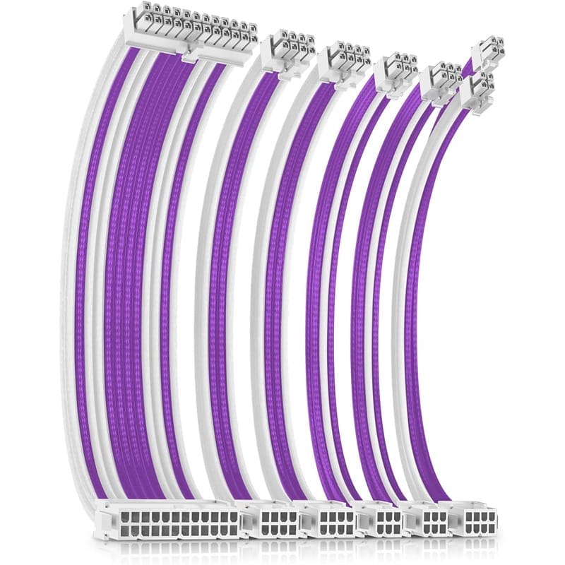 Antec PSU Sleeved Extension Cable Kit, 24pin ATX, 4+4pin EPS, 8-pin PCI-E, 6pin PCI-E, 30cm Length with Combs – Purple-White (PSUSCW30-205-P-W)