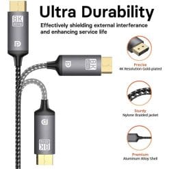 DisplayPort Male-to-Male 8K 60Hz 1.4 Braided Cable – 8K@60Hz, 4K@144Hz, 1080P@240Hz Resolutions, 24K Gold Plated Connector, Nylon Braided, 2 Meters, Gray