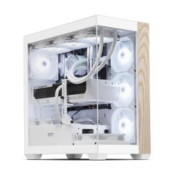 Sleek white computer case with glass side panel, showcasing RGB fans and high-end components.