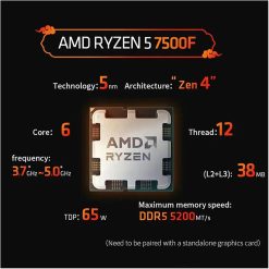 AMD Ryzen 5 7500F 6-Core 12-Thread 3.7GHz Desktop Processor, 5nm, 32MB Cache, AM5 Socket – Without Cooler (Tray Piece)