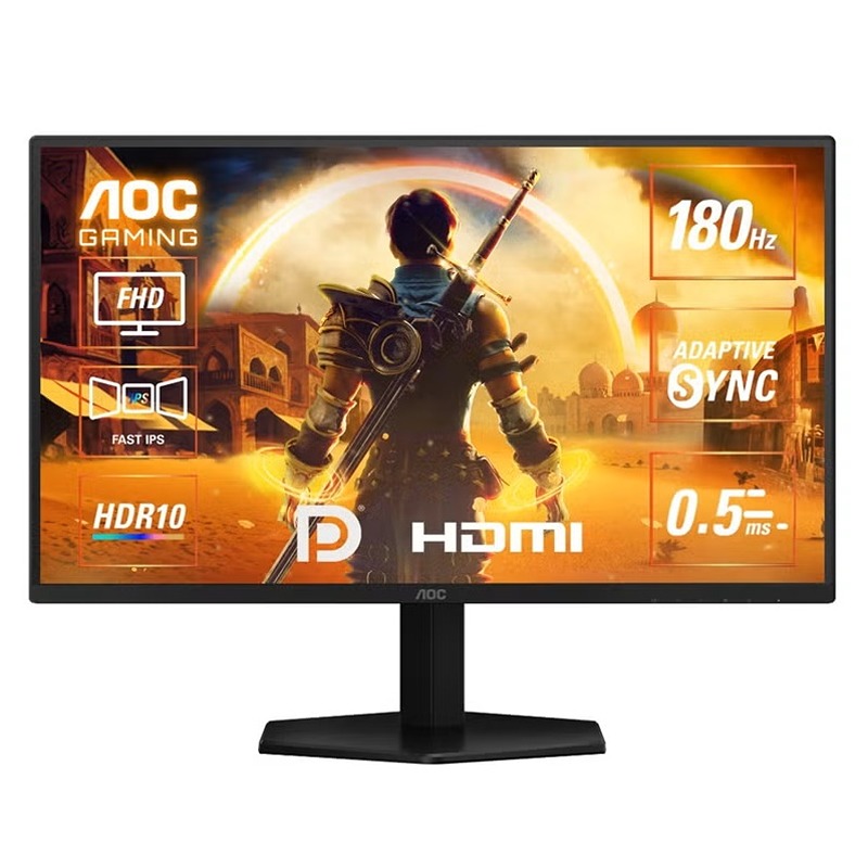 شاشة ألعاب AOC 25G42E مقاس 25 بوصة بدقة FHD ولوحة Fast IPS ومعدل تحديث 180Hz وزمن استجابة 0.5ms ودعم HDR10 وAdaptive-Sync ومنافذ HDMI وDisplayPort باللونين الأسود والأحمر