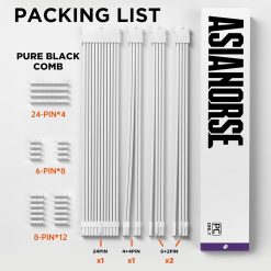 AsiaHorse 16AWG Sleeved PSU Extension Cable Kit Soft Braided Custom Mod Cables with Color Combs 24-Pin 8-Pin 6+2-Pin 4+4-Pin Connectors 30CM Snow White