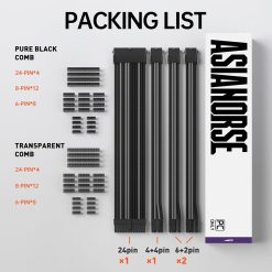 AsiaHorse 18AWG Sleeved PSU Extension Cable Kit Soft Braided Custom Mod Cables with Dual-Color Comb Set 24-Pin 8-Pin 6+2-Pin 4+4-Pin Connectors 30CM - Black Grey
