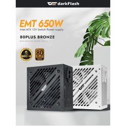 darkFlash EMT650 650W 80 Plus Bronze Non-Modular ATX Power Supply, Japanese 105°C Capacitors, Ultra Quiet Fan — Black