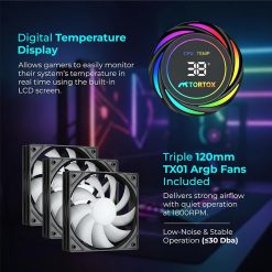 TORTOX Nivora Vibe 360mm ARGB AIO Liquid CPU Cooler with Digital Temperature Display, 300W TDP, 3000RPM Pump - Black
